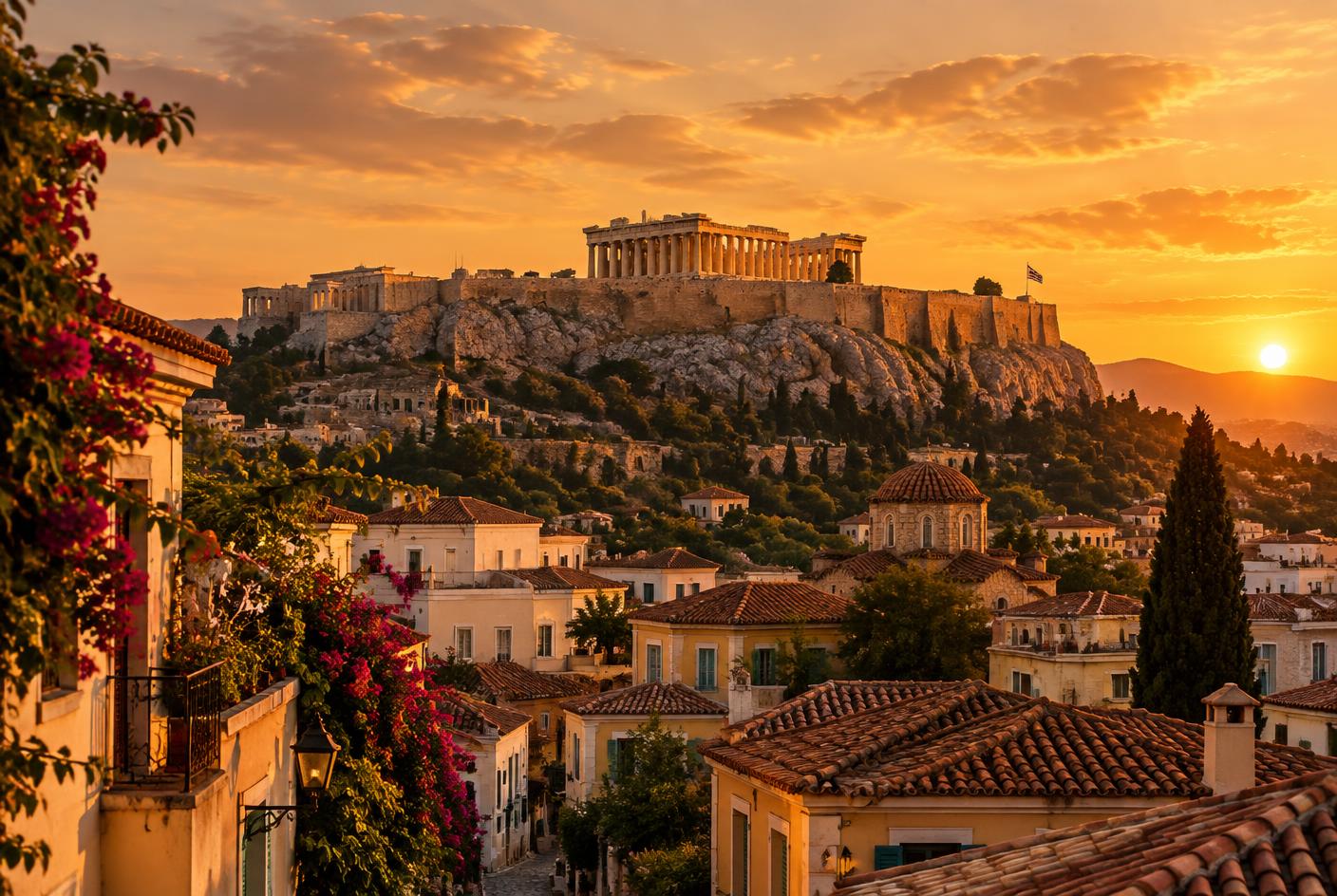 The Acropolis and Parthenon above the rooftops of Plaka at sunset