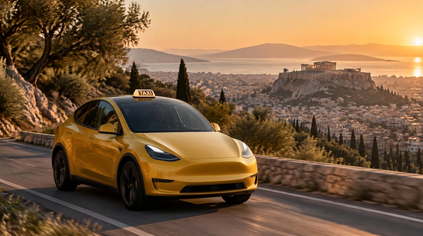A golden-yellow Tesla Model Y taxi driving above Athens with the Acropolis in the distance at sunset