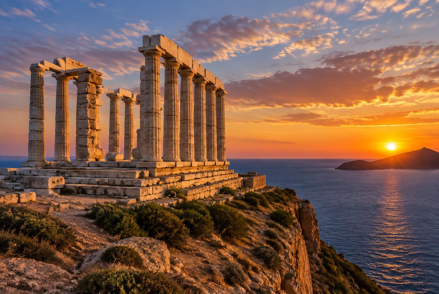 The Temple of Poseidon at Cape Sounion above the Aegean sea at sunset