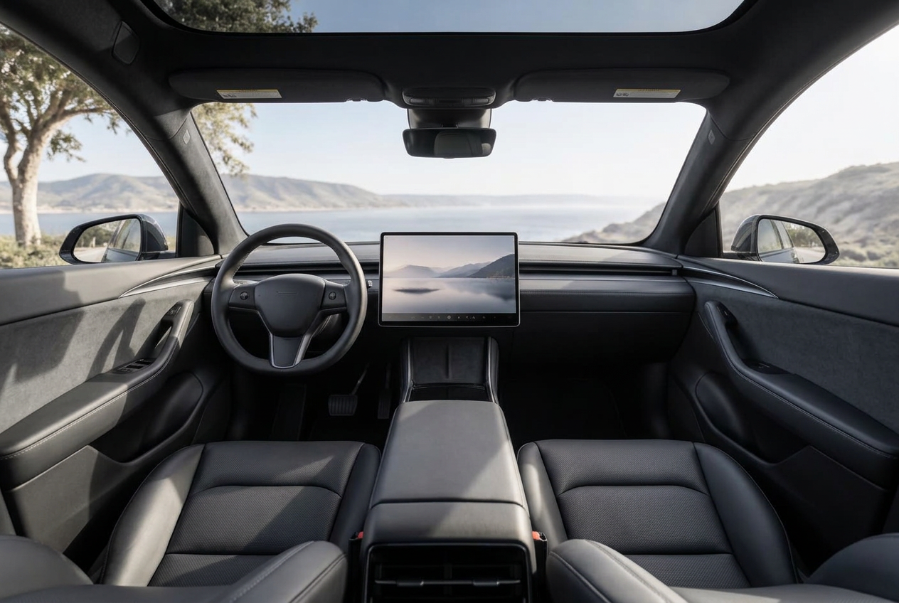 The bright, minimal interior of a Tesla Model Y with its central touchscreen and glass roof